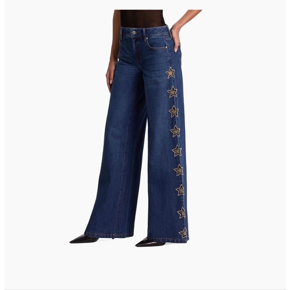 Alice + Olivia Amazing Embellished Star Cutout Wide-Leg Jeans dark wash sz26 NWT